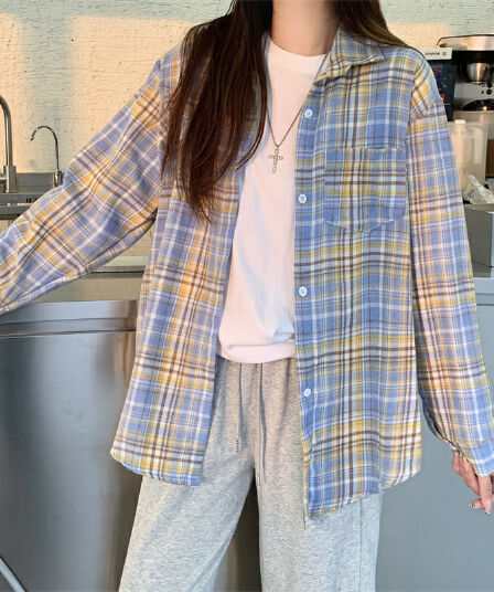 실사 블루 황색 연삭 털 격자 무늬 셔츠 긴팔 셔츠 아메리칸 레트로 가을 새로운 루즈핏 캐주얼 재킷 트렌디