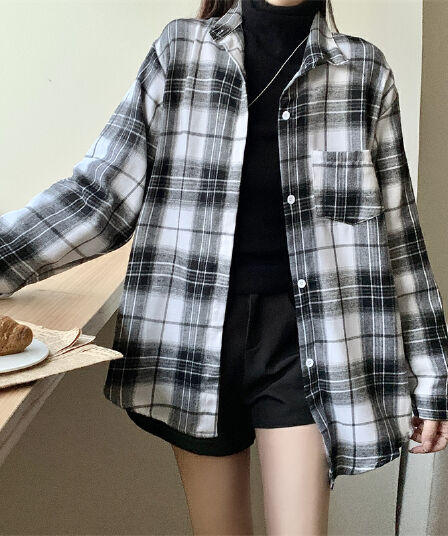 실사 아메리칸 레트로 체크무늬 긴팔 셔츠 가을 새로운 디자인 센스 작은 대중 다용도 루즈핏 셔츠 재킷