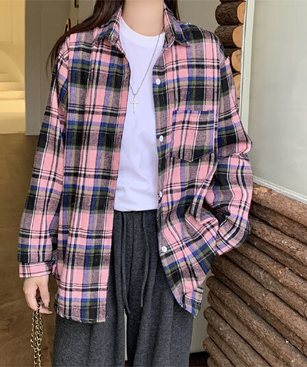 실사 체크무늬 여성 셔츠 가을 의상 아메리칸 레트로 인사이드 잡아라. 의류 루즈핏 캐주얼 연삭 털 긴팔 셔츠 재킷