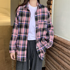 批发实拍 格子衬衫女秋装美式复古内搭上衣宽松休闲磨毛长袖衬衣外套