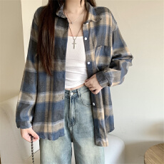批发实拍 磨毛蓝<b class='q'>格子</b>衬衫外搭秋季新款设计感小众<b class='q'>外套</b>小个子长袖上衣