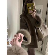 抖音爆款现发 韩系千金感双面呢可拆毛领围脖斗篷大衣女气质外套