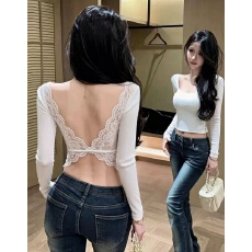 批发显瘦修身长袖设计感性感后背蕾丝打底衫露背纯欲辣妹内搭上衣<b class='q'>T</b>恤