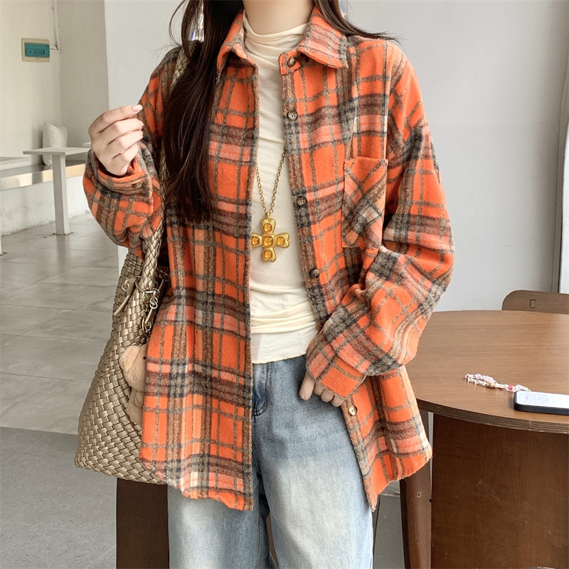 BY33235# 秋冬新款加厚美式格纹长袖衬衫宽松休闲百搭衬衣中长款外套上衣潮 服裝批發女裝批發服飾貨源