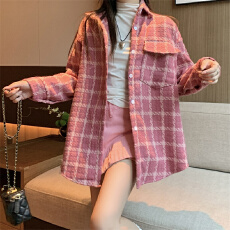 批发女装中长款<b class='q'>衬衫</b>秋冬新款设计感小众开衫加厚粉色格子上衣<b class='q'>外套</b>开衫