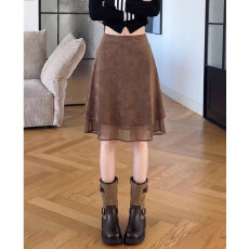 批发咖色鹿皮绒a字鱼尾中<b class='q'>裙</b>半身<b class='q'>裙</b>女秋季新款设计 感 <b class='q'>网纱</b>拼接荷叶边