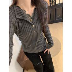 批发灰色V领假两件<b class='q'>蕾丝</b>拼接长袖打底小衫女秋冬新款纯欲收腰内搭上衣
