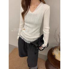批发白色<b class='q'>蕾丝</b>拼接V领长袖针织衫女秋冬绝美巨好看内搭<b class='q'>打底衫</b>短款上衣