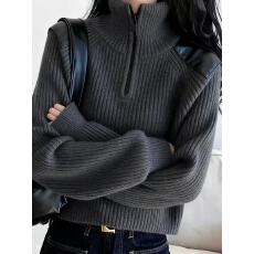 批发秋冬新款设计感独特半拉链高领<b class='q'>针织</b>衫女短款宽松显瘦毛衣长袖上衣
