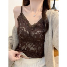 批发法式高级感性感美背蕾丝吊带背心女带胸垫一体磨毛保暖内搭上衣潮