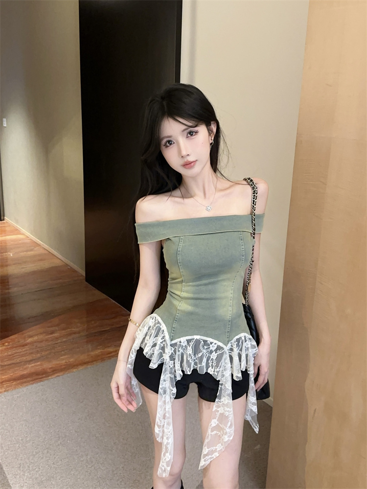 MY11298# 辣妹性感一字肩复古做旧不规则蕾丝拼接牛仔抹胸上衣女裝貨源...