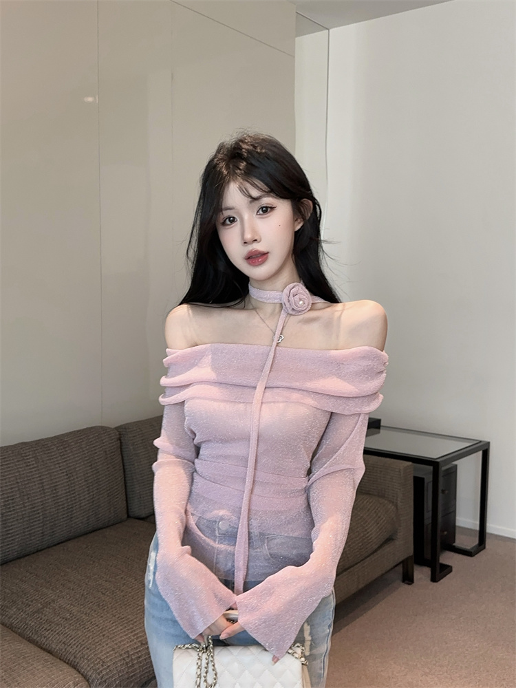 실사 작은 대중 핫걸 프랑스식 좋은 플래시 리본 3 차원 진주 꽃 섹시함 오프숄더 몸매 가꾸기 맨위