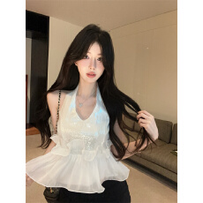 批发实拍 辣妹气质<b class='q'>亮片</b>挂脖<b class='q'>背心</b>吊带设计感小众修身拼接雪纺小衫