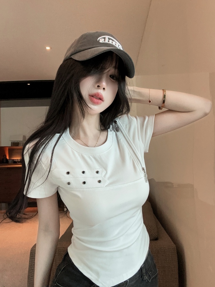 실사 작은 대중 디자인 센스 지퍼 단색 티셔츠 프랑스식 핫걸 불규칙 몸매 가꾸기 쇼트 스타일 맨위
