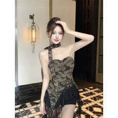 批发实拍 复古辣妹性感迷彩撞色黑色<b class='q'>蕾丝</b>拼接不规则抹胸<b class='q'>裹</b><b class='q'>胸</b>上衣