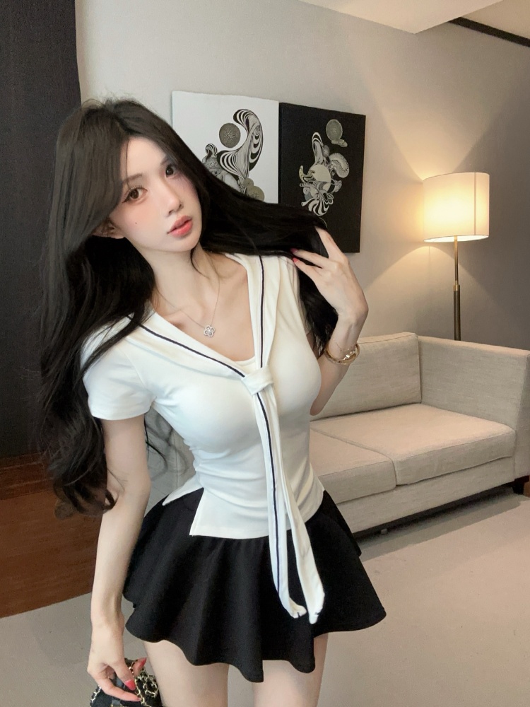 실사 작은 대중 핫걸 연령 감소 해군 칼라 품격 프랑스식 트임 몸매 가꾸기 다용도 단색 쇼트 스타일 맨위