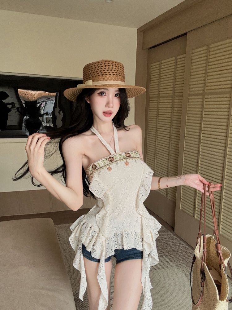 실사 순수한 욕망 핫걸 레트로 보헤미안 바람 섹시함 행침 목 디자인 센스 불규칙 리본 맨위