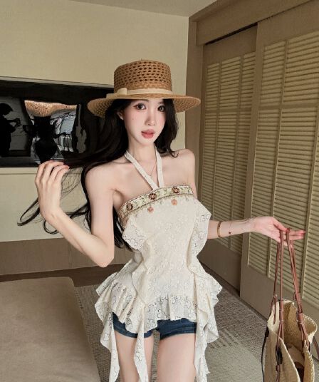 실사 순수한 욕망 핫걸 레트로 보헤미안 바람 섹시함 행침 목 디자인 센스 불규칙 리본 맨위