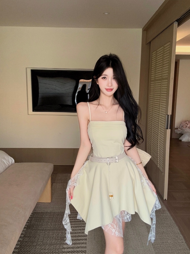 실사 아메리칸 레트로 핫걸 디자인 센스 불규칙 레이스 리본 패치워크 단색 몸매 가꾸기 드레스