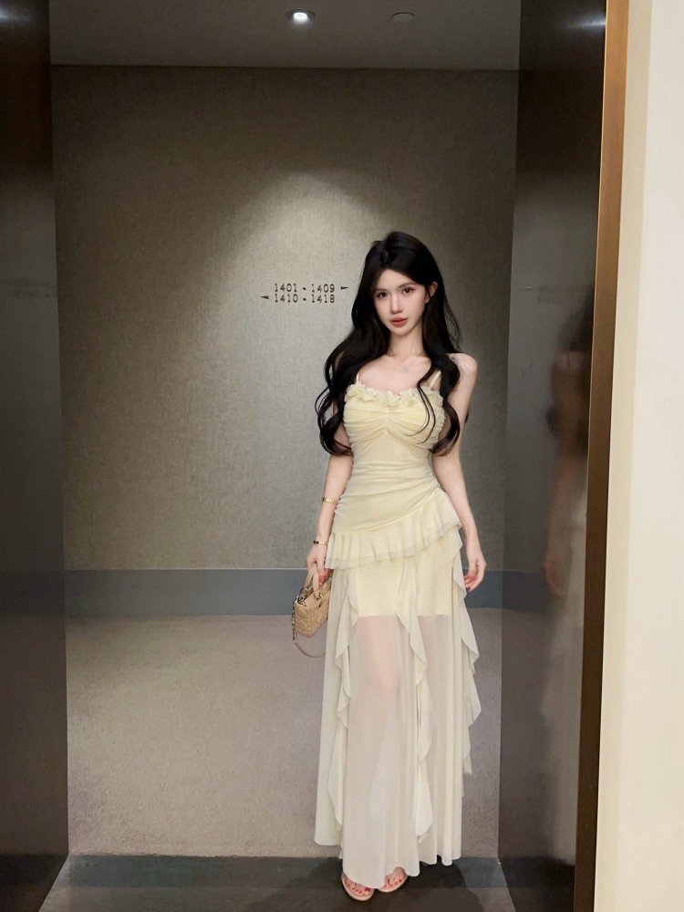 실사 프랑스식 핫걸 디자인 센스 꽃 품격 작은 대중 망사 불규칙 롱 코트 슬립 드레스