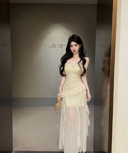 실사 프랑스식 핫걸 디자인 센스 꽃 품격 작은 대중 망사 불규칙 롱 코트 슬립 드레스