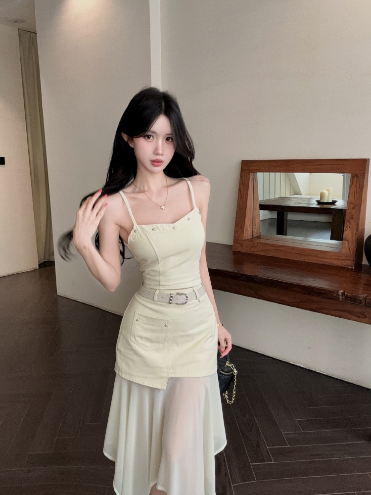 실사 순수한 욕망 핫걸 디자인 센스 징 슬립 맨위 비대칭 망사 패치워크 반신 치마 세트