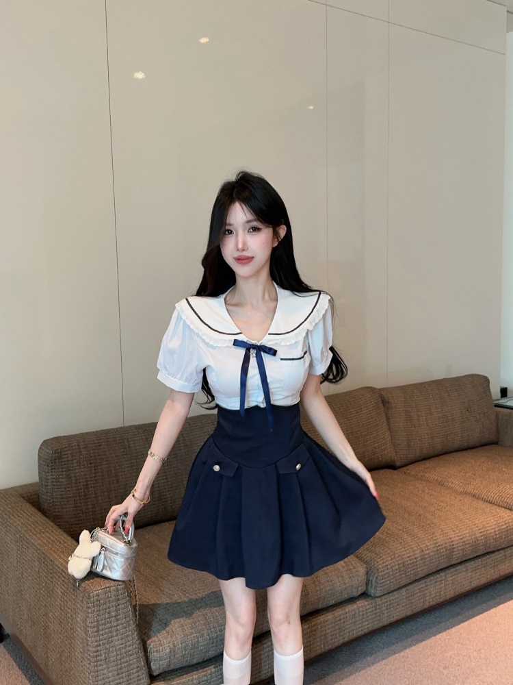실사 순수한 욕망 핫걸 연령 감소 해군 칼라 스트라이프 레이스 조각 맨위 디자인 센스 하이웨이스트 미니 스커트