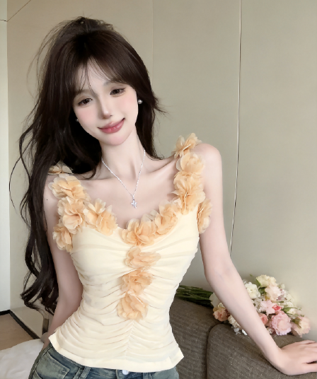 실사 순수한 욕망 바람 3 차원 프릴 주름 조끼 프랑스식 작은 대중 아름다운 민소매 오프숄더 맨위