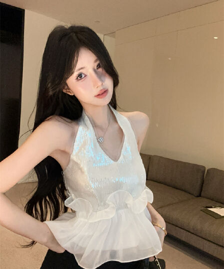 실사 핫걸 품격 스팽글 행침 목 조끼 슬립 디자인 센스 작은 대중 몸매 가꾸기 패치워크 쉬폰 작은 셔츠