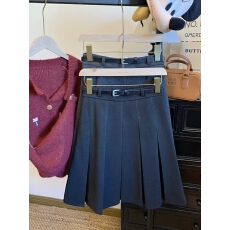 批发实拍实价 新款韩版高腰显瘦毛呢五分加厚百褶裙有腰带