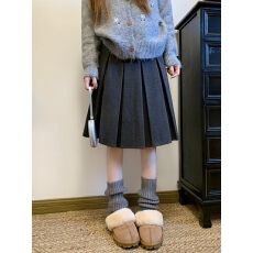 批发实拍实价 新款韩版高腰显瘦毛呢五分加厚百褶裙（有腰带）