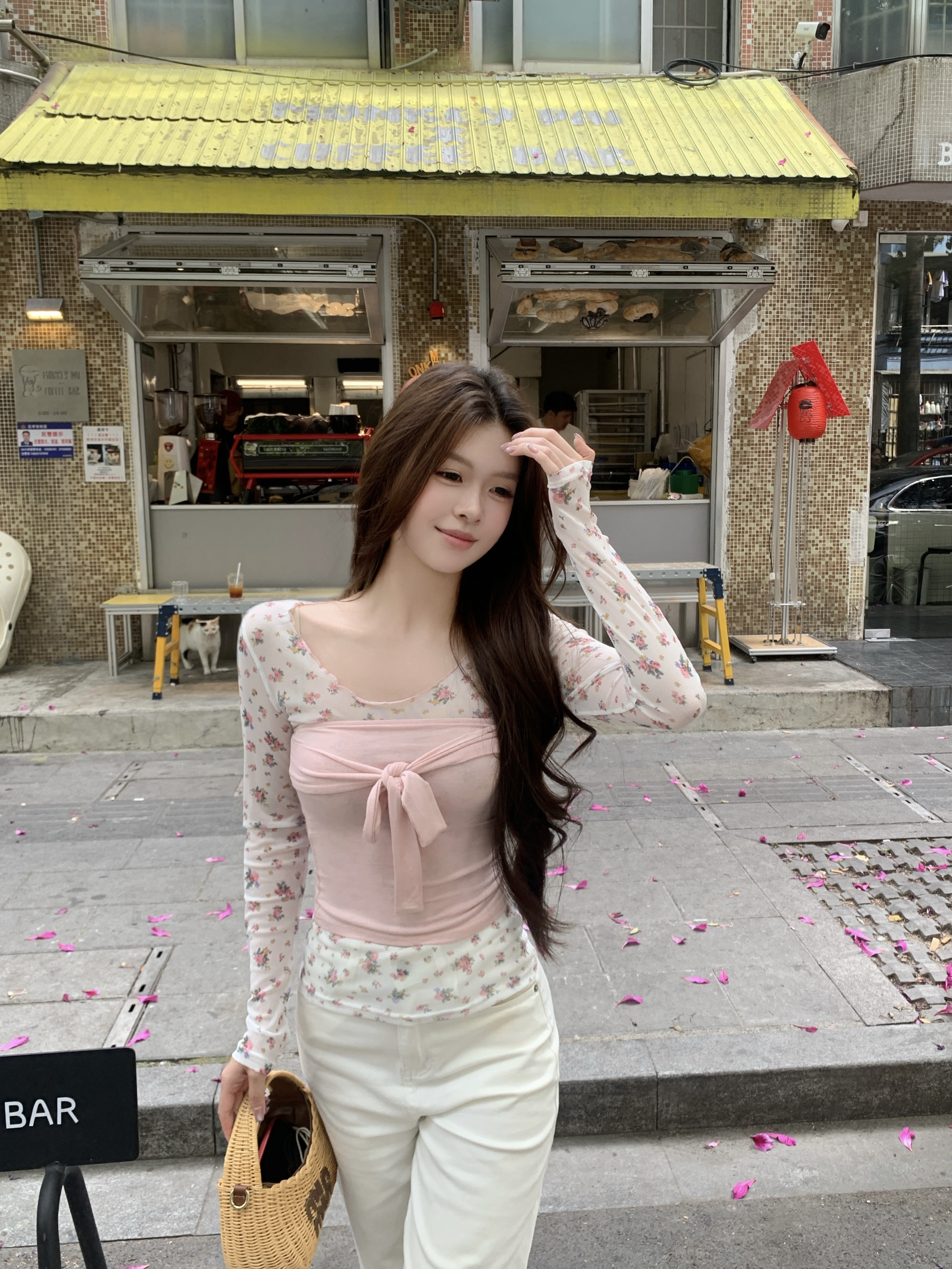 실사 정가 새로운 한국 스타일 핑크색 튜브탑 핑크색 꽃무늬 프린트 만나는 블라우스 2 세트