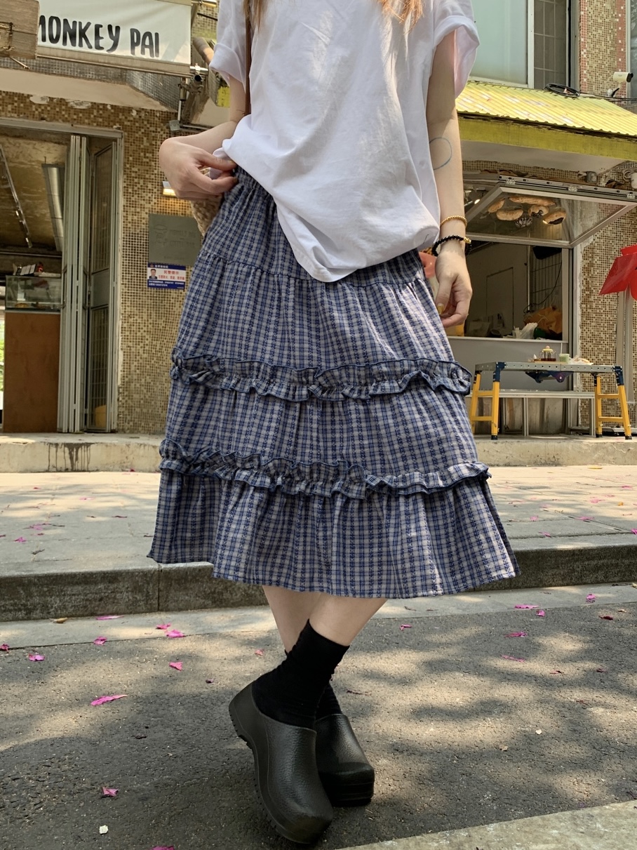 실사 정가 한 부서 무거운 작업 체크무늬 더블 목이버섯 레이스 패치워크 체크무늬 miu 부서 반신 중간 스커트