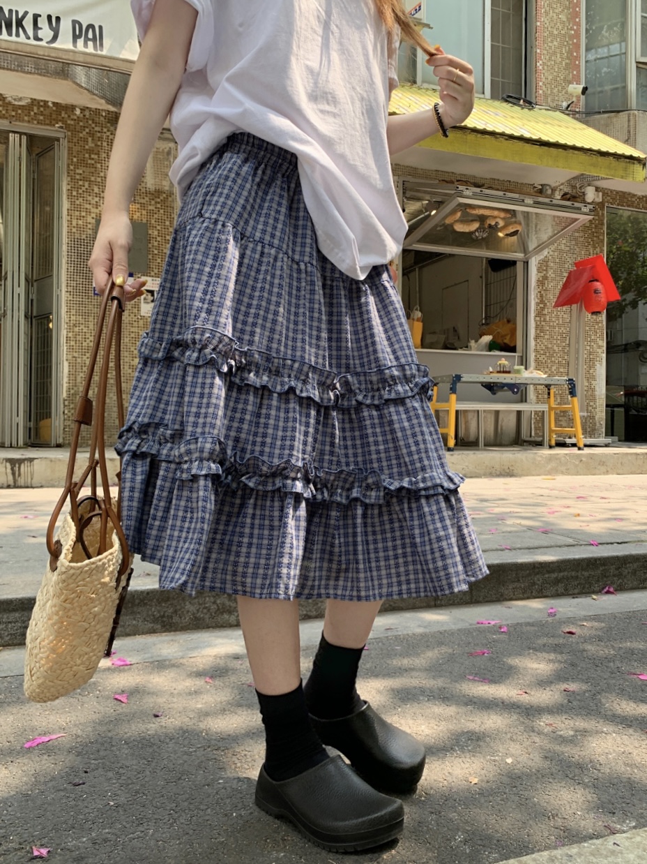 실사 정가 한 부서 무거운 작업 체크무늬 더블 목이버섯 레이스 패치워크 체크무늬 miu 부서 반신 중간 스커트