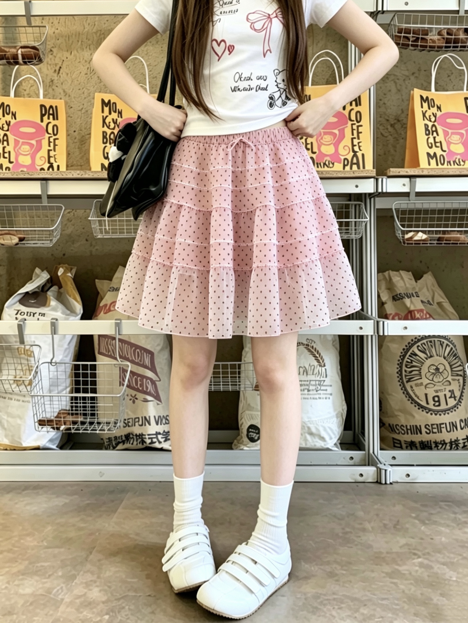 실사 정가 새로운 한국 스타일 달콤함 망사 식물 플러시 도트 무늬 슬림해 보이는 다용도 반신 스커트