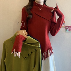 批发大码女装遮肚子半高领流苏不规则长袖毛衣秋冬胖MM修身显瘦上衣女