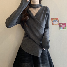 批发<b class='q'>大码</b>胖mm气质黑色蕾丝V领长袖T恤女法式收腰打底衫长袖上衣