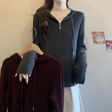 批发韩系半拉链连帽<b class='q'>针织衫</b>女秋冬<b class='q'>大码</b>宽松显瘦百搭毛衣上衣内搭打底衫