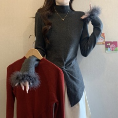 批发<b class='q'>大码</b>气质吸睛爆款秋冬纽结不规则设计师A4腰显瘦羽毛袖口打底衫