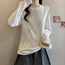 批发设计感正肩长袖<b class='q'>T</b><b class='q'>恤</b>打底衫女秋冬新款大码胖mm显瘦新中式国风上衣