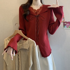 批发2025冬季新款<b class='q'>大码</b>蕾丝花边翻领绑带针织衫女内搭毛衣长袖打底上衣