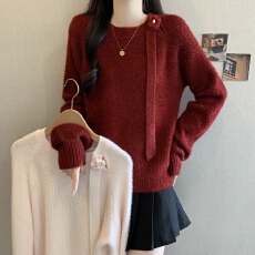 批发甜美淑女风长袖毛针织衫女<b class='q'>秋</b>冬2025年大码玫瑰花飘带减龄毛衣上衣