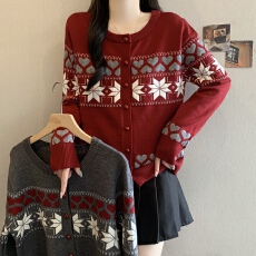 批发大码韩系圆领拼色提花羊毛衫女2026<b class='q'>秋</b>冬新款宽松百搭减龄毛衣外套