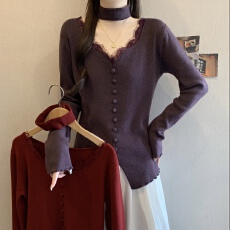 批发高级感挂脖蕾丝V领正肩针织衫女2025秋冬新款<b class='q'>大码</b>胖mm打底衫上衣