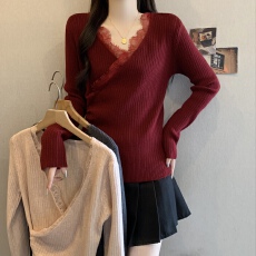 批发大码打底衫冬季内搭交叉蕾丝拼接针织衫2025新款<b class='q'>秋</b>冬v领长袖上衣