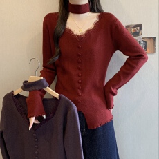 批发挂脖蕾丝V领针织打底衫女秋冬新款<b class='q'>大码</b>胖mm显瘦法式短款轻奢上衣