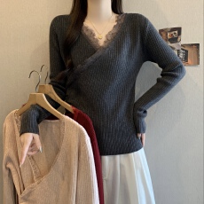 批发蕾丝边v领交叉挂脖针织衫女秋冬<b class='q'>大码</b>胖mm慵懒洋气内搭打底衫上衣