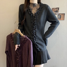 批发韩系穿搭木耳边v领针织衫女2025新款秋冬大码独特漂亮巨好看上衣