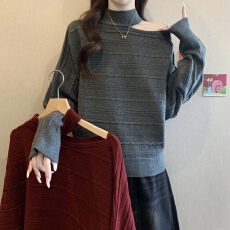 批发2025秋冬<b class='q'>大码</b>纯欲斜领露肩挂脖<b class='q'>长袖</b>松弛感针织衫宽松显瘦减龄毛衣