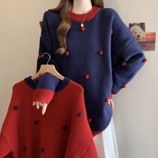 批发高级感圆领重工针织毛衣女秋冬<b class='q'>大码</b>胖mm圣诞新年红色显瘦上衣潮
